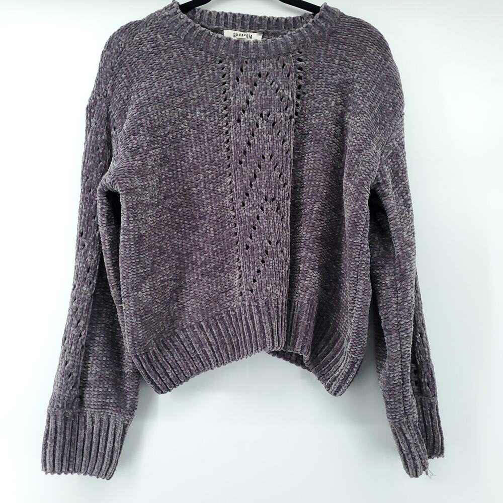 BB Dakota Boho Purple Grey Chunky Knit XS Chenille Cable Knit Sweater Ribbed Hem